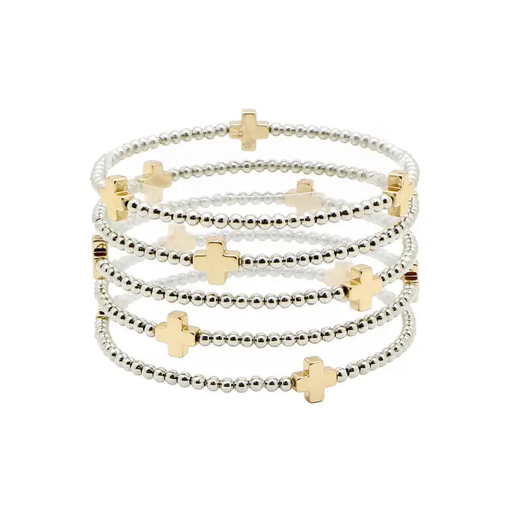 "Meant To Be" Silver Cross Beaded Stretch Bracelet Set