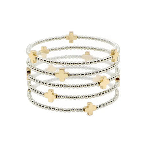 "Meant To Be" Silver Cross Beaded Stretch Bracelet Set