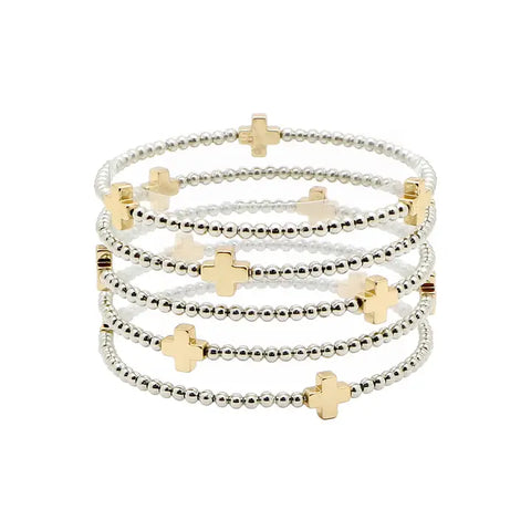 "Meant To Be" Silver Cross Beaded Stretch Bracelet Set