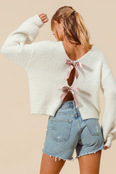 "In Your Arms" Satin Bow Embellished Open Back Sweater Top