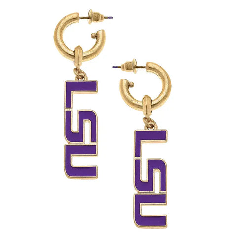 "LSU Purple" Enamel Drop Hoop Earrings