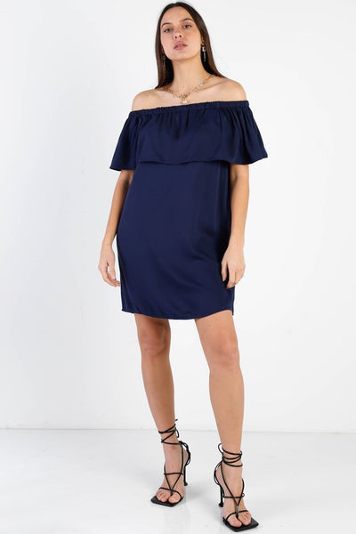 "Roll Off Your Shoulder" Ruffle Mini Dress