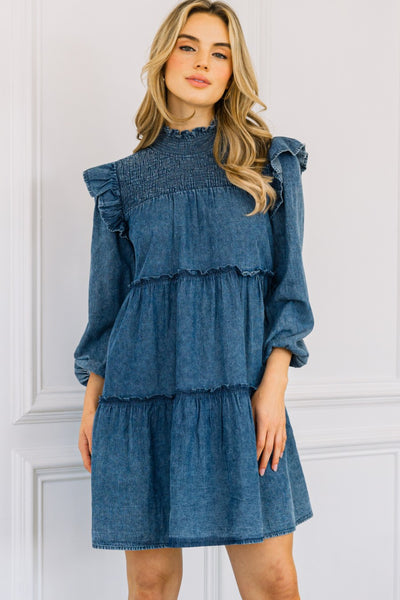 "Speak Your Truth" Plus Tiered Ruffle Denim Mini Dress