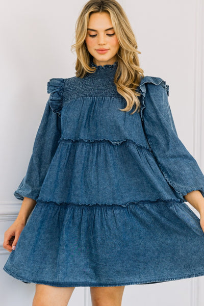 "Speak Your Truth" Plus Tiered Ruffle Denim Mini Dress