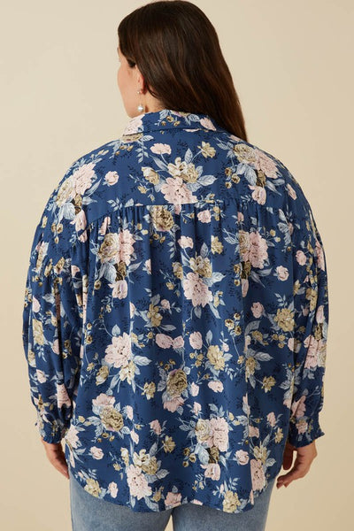 "Blue Skies" Plus Floral Smocked Sleeve Top