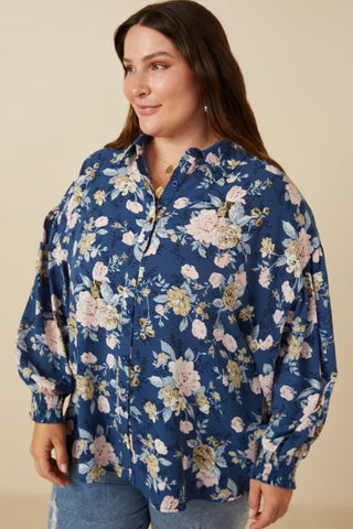 "Blue Skies" Plus Floral Smocked Sleeve Top