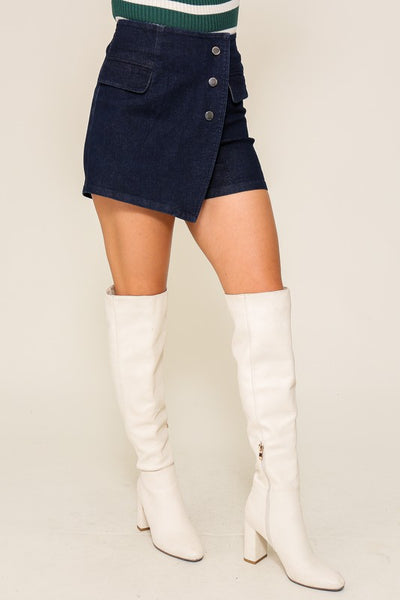 "Let's Go Dance" High Waisted Knit Denim Skort With Pockets