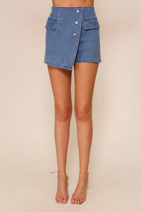 "Let's Go Dance" High Waisted Knit Denim Skort With Pockets