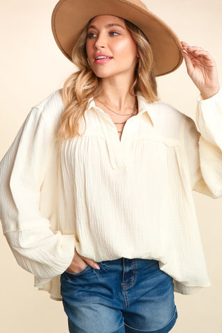 Plus "Warmest Wishes" Notched Neckline With Cut Edge Long Sleeve Top