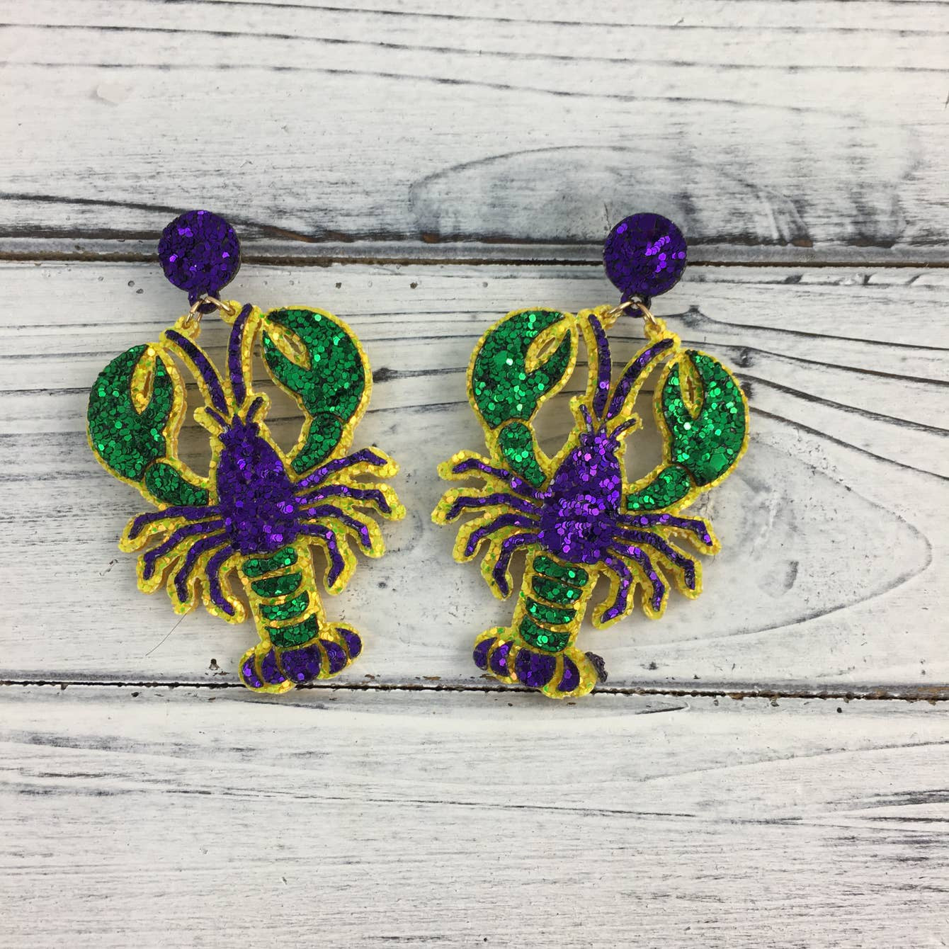 "It's The Season" Glitter Crawfish Mardi Gras Earrings