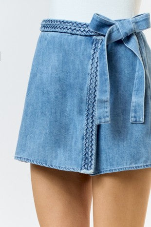 "Full Of Charm" Braided Denim Waist Tie Wrapped Skort