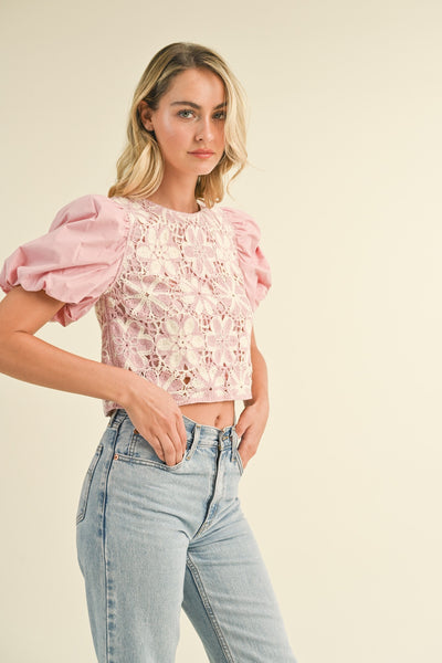 I'll Love You Anyway Puff Sleeve Crochet Top