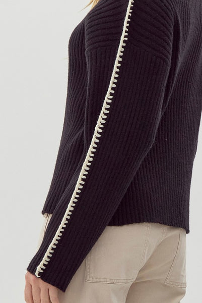 Nowhere To Go Ribbed Contrast Stitching Knit Pullover Top