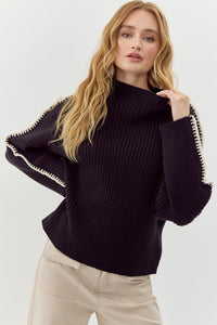 Nowhere To Go Ribbed Contrast Stitching Knit Pullover Top