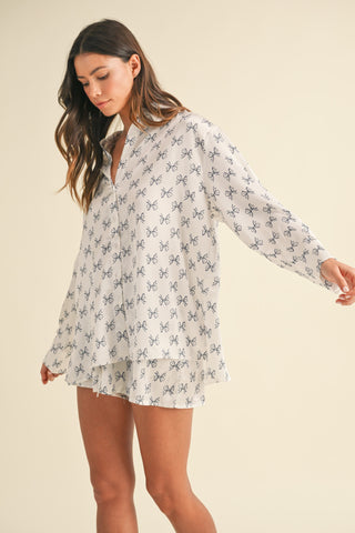 Forever Thankful Bow Satin Button Down Shirt And Shorts Set