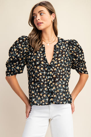 "Say It Again" Floral Print Puff Sleeve Top