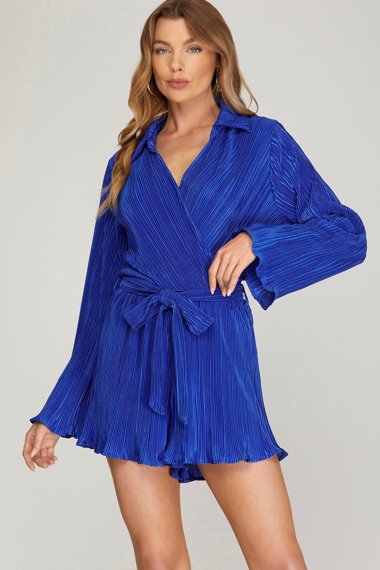 Never A Doubt Collared Neck Long Sleeve Pleated Romper