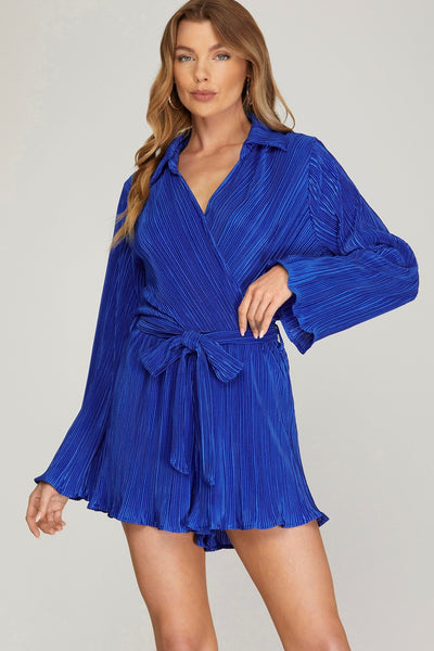 Never A Doubt Collared Neck Long Sleeve Pleated Romper