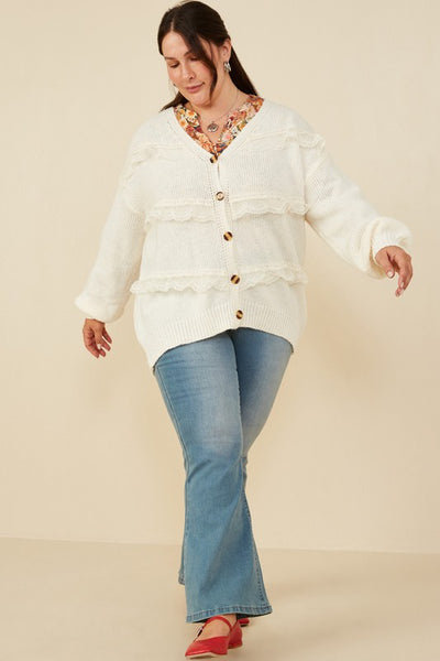 "Bear Hugs" Plus Lace Frilled Button Cardigan