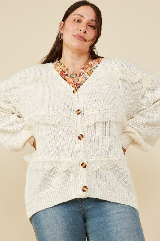 "Bear Hugs" Plus Lace Frilled Button Cardigan