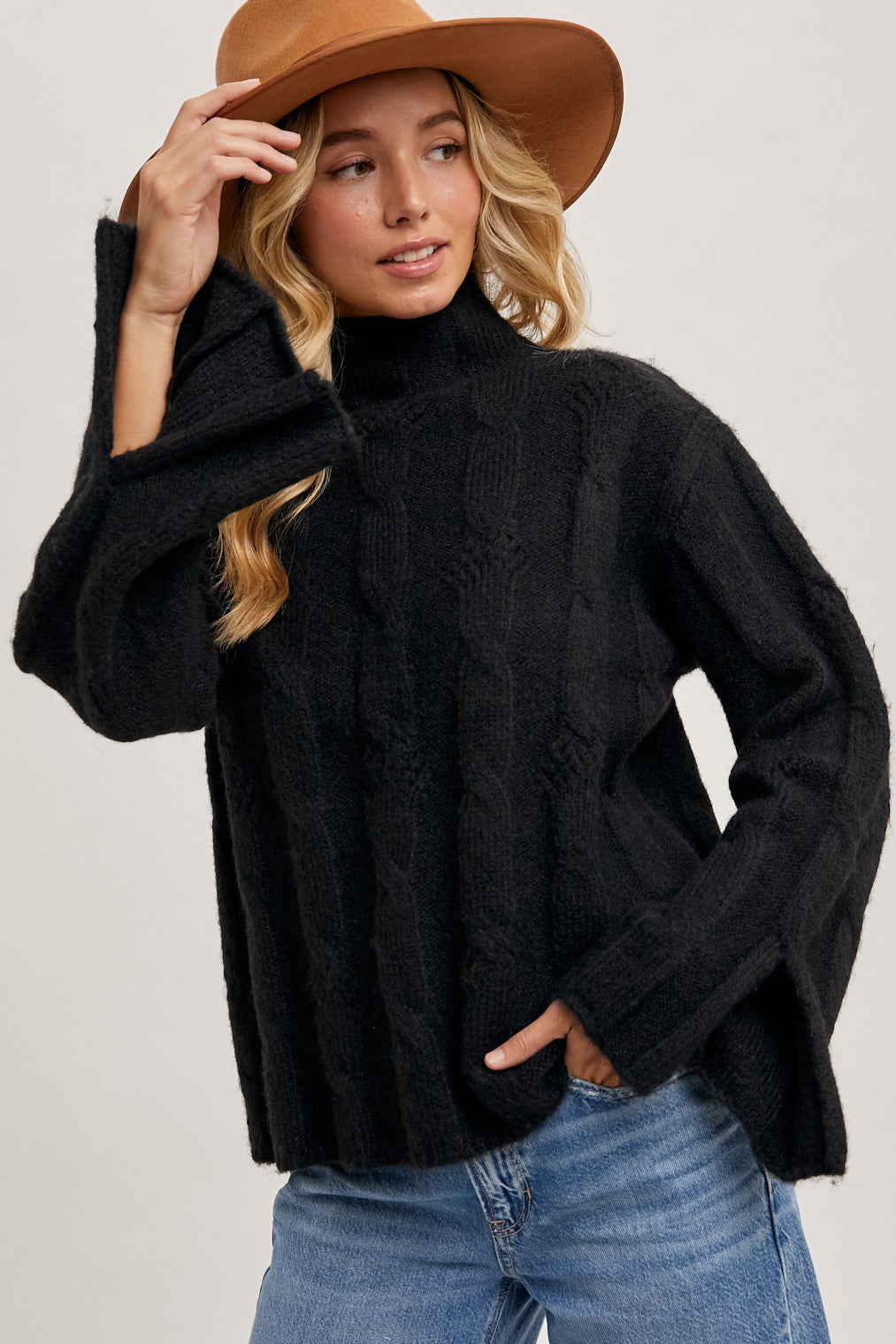 "Bundled Up" Mock Neck Cable Knit Sweater