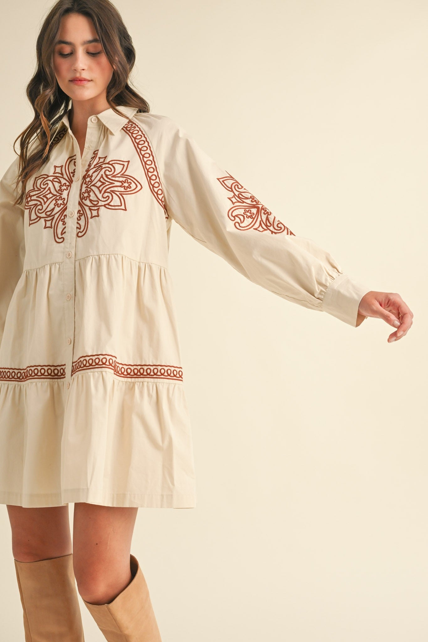 "Big Goals" Embroidered Button Down Mini Dress