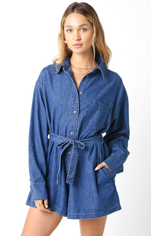 "For A Second" Cuff Sleeve Denim Romper