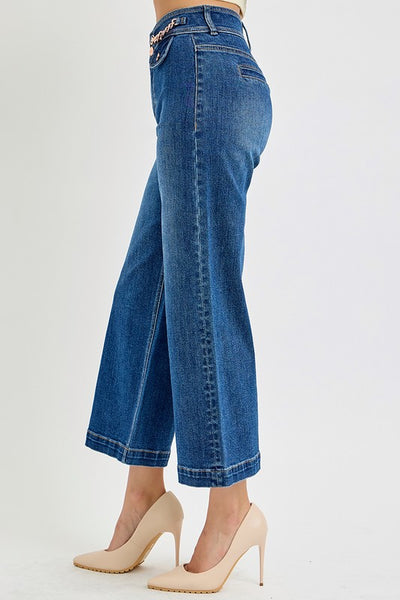 Risen "Riley" High Rise Crop Wide Chain Jeans