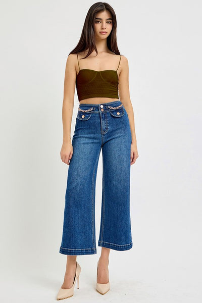 Risen "Riley" High Rise Crop Wide Chain Jeans