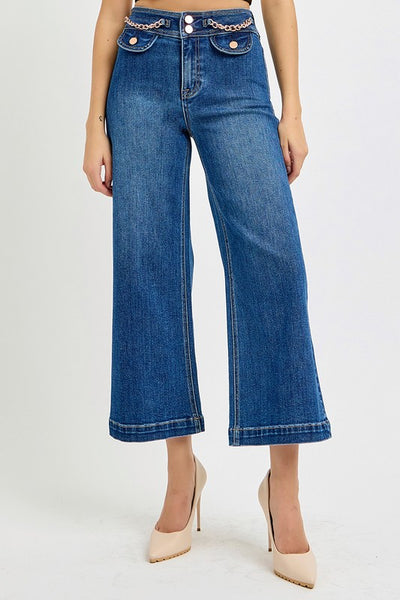 Risen "Riley" High Rise Crop Wide Chain Jeans