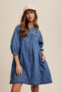 "Skyline View" Denim Pleated Detail Babydoll Dress