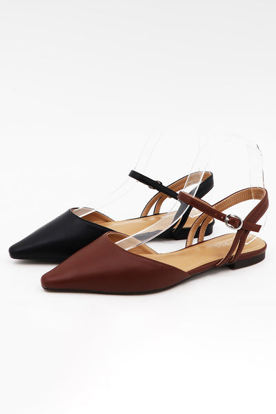 "Wise" Pointed Toe Open Back Ankle Strap Flats