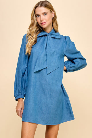 "A Lesson Learned" Bow Tie Denim Long Sleeve Dress