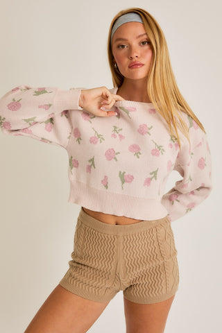 "All The Way" Floral Crew Neck Cropped Sweater