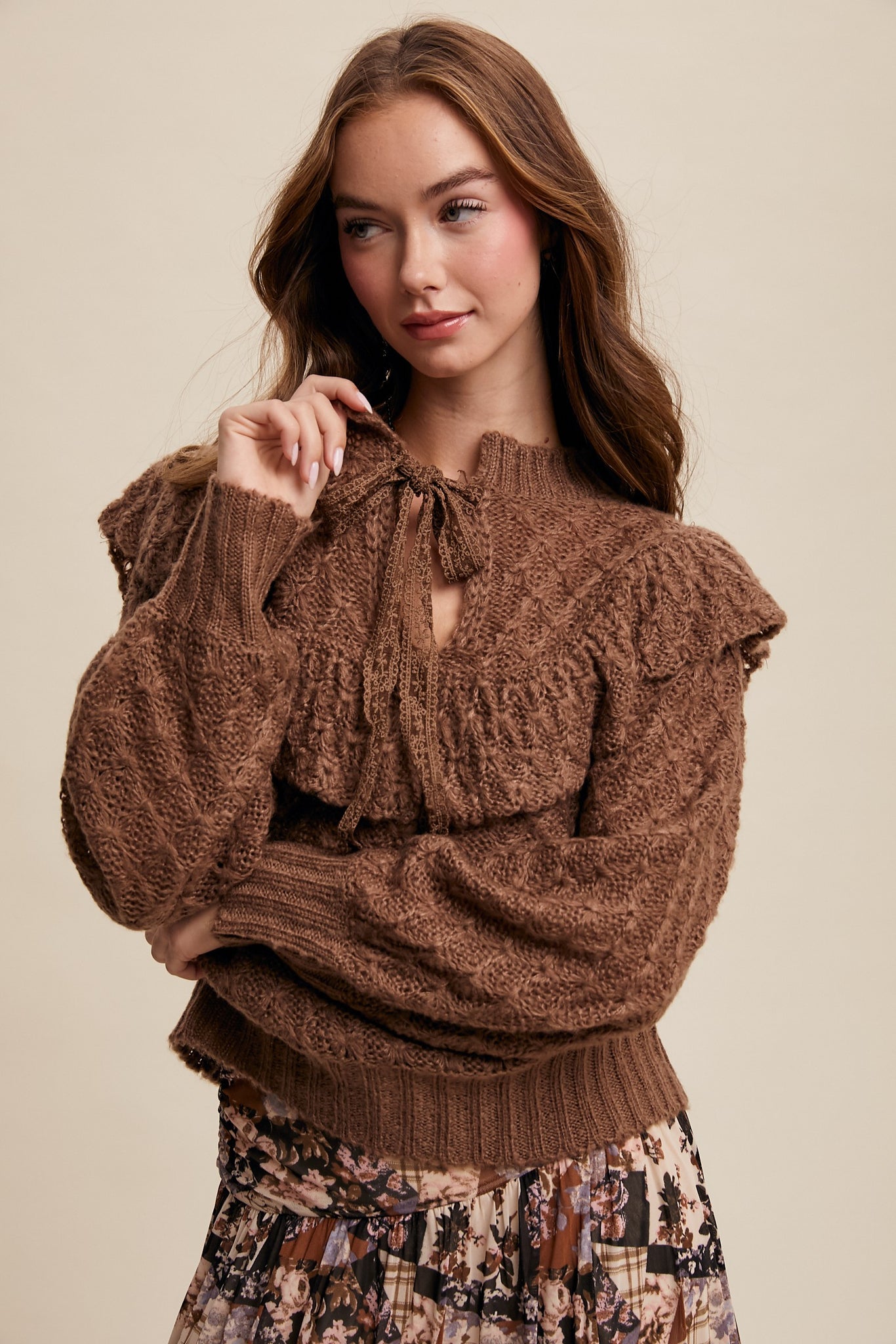 "Missing Out" Ruffled Tie Front Weaved Knit Sweater