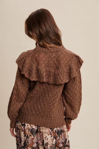 "Missing Out" Ruffled Tie Front Weaved Knit Sweater