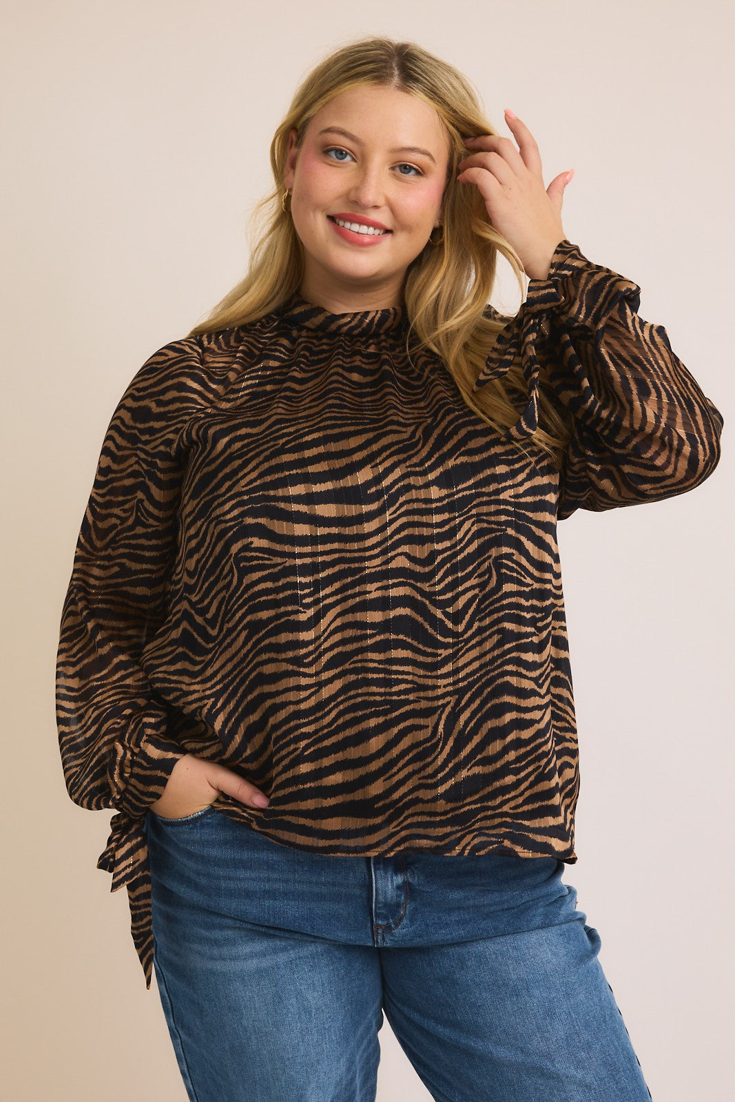 "Secret Crush" Plus Tie Back Zebra Print Long Sleeve Top