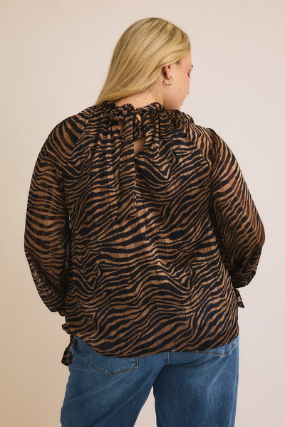 "Secret Crush" Plus Tie Back Zebra Print Long Sleeve Top