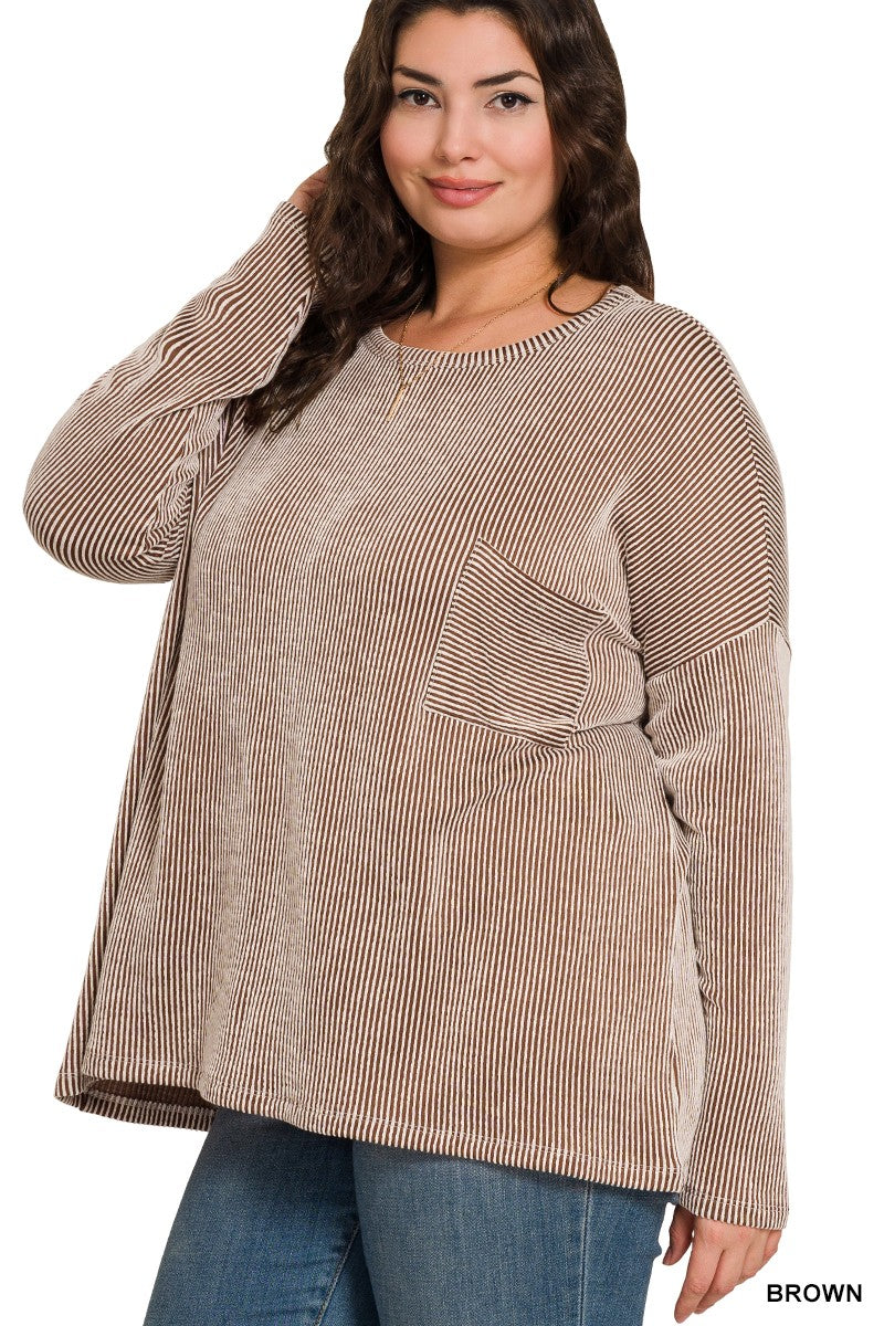 "Longer Nights" Plus Ribbed Oversized Long Sleeve Top