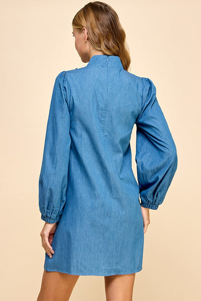 "A Lesson Learned" Bow Tie Denim Long Sleeve Dress