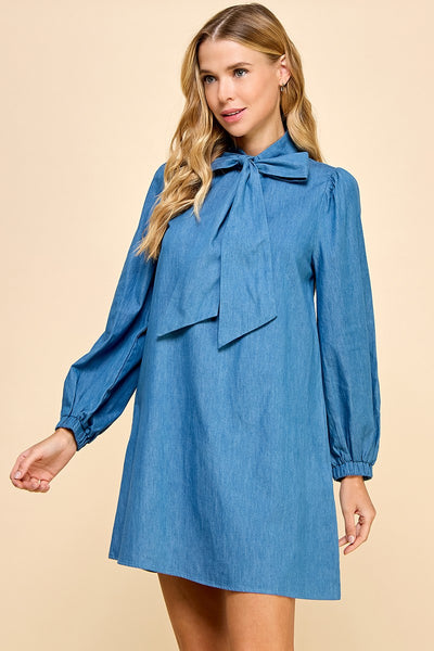 "A Lesson Learned" Bow Tie Denim Long Sleeve Dress