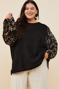 "I See You" Plus Bow Print Sleeve Top