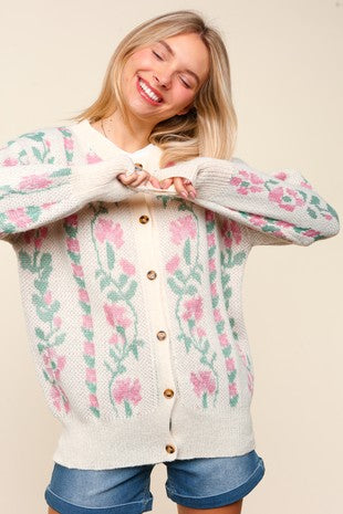 Plus "All My Days" Floral Jacquard Loose Fit Cardigan