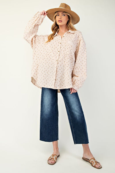 Plus "Falling For You" Printed Cotton Gauze Button Down Shirt