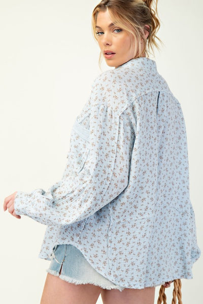 Plus "Falling For You" Printed Cotton Gauze Button Down Shirt