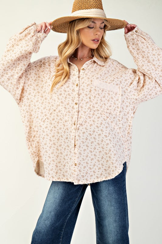 Plus "Falling For You" Printed Cotton Gauze Button Down Shirt