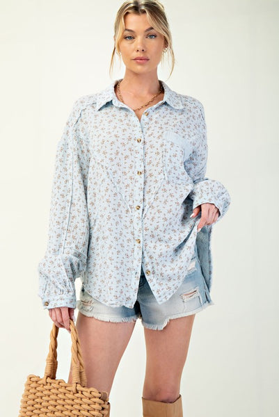 Plus "Falling For You" Printed Cotton Gauze Button Down Shirt