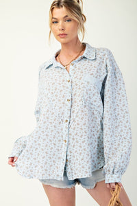 "Falling For You" Printed Cotton Gauze Button Down Shirt