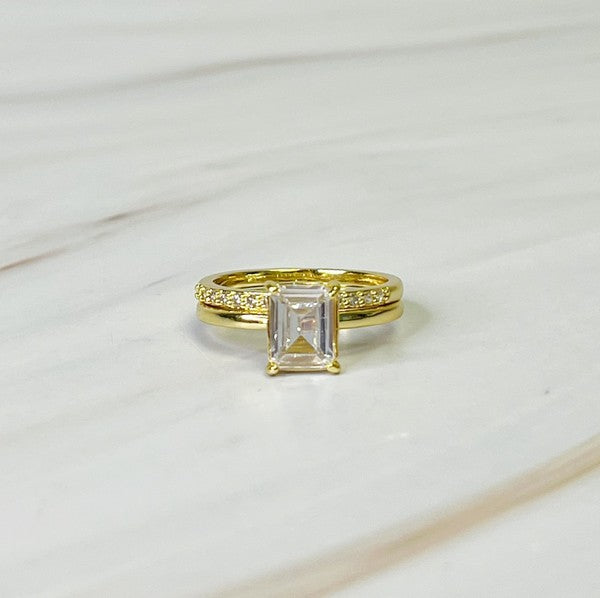 "Take Care" Emerald Cut Solitaire Ring Set