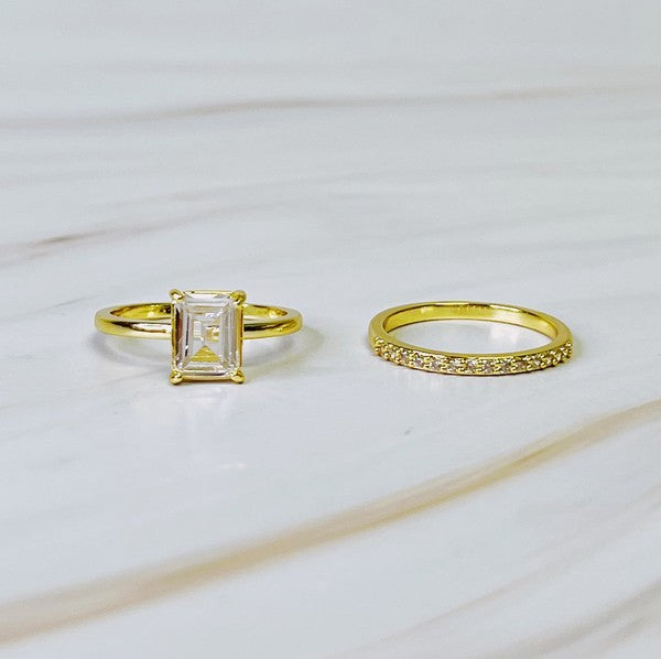 "Take Care" Emerald Cut Solitaire Ring Set